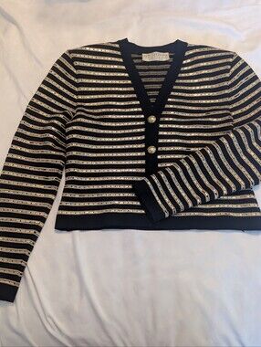 St. John Navy and Gold Striped V-Neck Cardigan